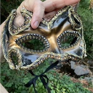 Artisan made gold bronze metallic mask with stones gems bling rope detail unisex